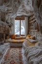 Cave room in the original wood colored rock has a fireplace with a fire, carpet, the bed above has a window, with a fairytale