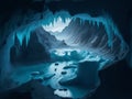 A cave with a stream of water flowing through it and ice formations.