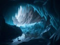 A cave with a stream of water flowing through it and ice formations.
