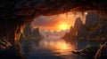 Cave Sunset: Serene Lake Reflecting Stunning Terragen Style Vistas