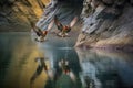 cave swallows in flight, reflecting on water