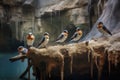 cave swallows perched on rocky ledges outside cave
