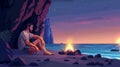 In the cave of an uninhabited island at night, a single castaway man basks by a bonfire. Cartoon illustration of a