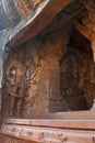 Cave 3 : View of verandah, from outside. Badami Caves, Karnataka. Figures seen from left to right - Harihara, and partial view of Royalty Free Stock Photo