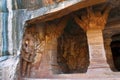 Cave 3 : View of verandah, from outside. Badami Caves, Karnataka. Figures seen from left to right - Harihara, partial view of Vish Royalty Free Stock Photo