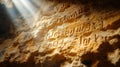 Cave wall inscription, sunlight, ancient script, mystery, history, background texture Royalty Free Stock Photo