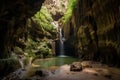 cave with waterfall cascading down the walls of the mountain, pooling in the bottom