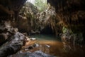 cave with waterfall cascading down the walls of the mountain, pooling in the bottom