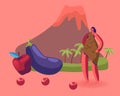 Cave Woman in Animal Skin Stand near Fruit and Vegetable on Volcano Background. Paleo Diet Concept. Dietary Plan