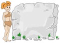 Cave woman in front of stone tablet with copy space