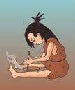 Cave woman making fire cartoon