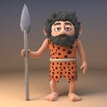 Caveman in animal pelt with a long beard stands with his spear like a great prehistoric hunter, 3d illustration