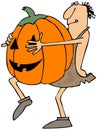 Caveman carrying a large pumpkin
