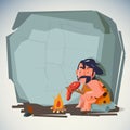 caveman in cave with fire. blank space to fill your text. presentation. stone age concept - vector