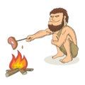 Caveman cooking meat on fire Royalty Free Stock Photo