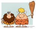 Caveman Couple Cartoon Mascot Characters With Blonde Woman Holding A Club