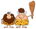 Caveman Couple Cartoon Mascot Characters With Brunette Woman Holding A Club