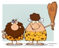 Caveman Couple Cartoon Mascot Characters With Brunette Woman Holding A Club.