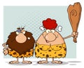 Caveman Couple Cartoon Mascot Characters With Red Hair Woman Holding A Club.