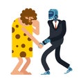 Caveman and Cyborg handshake. Robot and Prehistoric man contract. Artificial Intelligence and Ancient man. Vector illustration