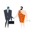 Caveman and Cyborg handshake. Robot and Prehistoric man contract. Artificial Intelligence and Ancient man. Vector illustration