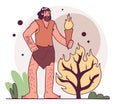 Caveman discovering fire. Controlled use of fire for cooking, planting, making Royalty Free Stock Photo