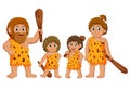 The caveman family is posing and smiling