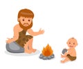 Caveman. Father and son sitting near the fire. Isolated characters prehistoric people on a white background