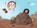 Caveman get scared seeing a gadget Royalty Free Stock Photo