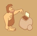 Caveman getting in touch with technology Royalty Free Stock Photo