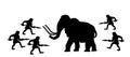 Caveman hunters hunting mammoth with spear vector silhouette illustration isolated on white background. Royalty Free Stock Photo