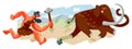 Caveman hunting mammoth in Stone Age. Prehistoric ancient history vector illustration. Man running after animal with axe