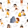 Caveman kids vector primitive children character and prehistoric child with stoned weapon on mammoth illustration set of