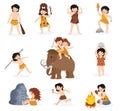 Caveman kids vector primitive children character and prehistoric child with stoned weapon on mammoth illustration set of