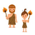 Caveman. A man and a woman holding a torch in his hand. Isolated characters prehistoric people with torches.