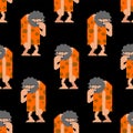 Caveman pixel art pattern seamless. Prehistoric man 8 bit background . Ancient man vector texture