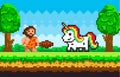 Caveman pixel primitive man dressed in clothes made of animal skin and holding cudgel with unicorn