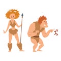 Caveman primitive stone age cartoon neanderthal people character evolution vector illustration.