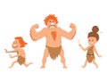 Caveman primitive stone age cartoon neanderthal people character evolution vector illustration.