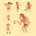 Caveman primitive stone age cartoon neanderthal people character evolution vector illustration.