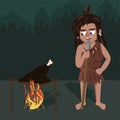 Caveman roasts meat at stake vector cartoon illustration