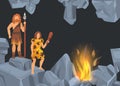 Caveman and woman in prehistoric period in rock cave before fire place. Banners with black background for your text Royalty Free Stock Photo