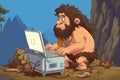 Cavemen discovers computer, cartoon style. Beautiful illustration picture. Generative AI