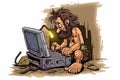 Cavemen discovers computer, cartoon style. Beautiful illustration picture. Generative AI