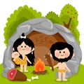 Cavemen family in a stone cave. Vector illustration Royalty Free Stock Photo