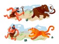 Cavemen hunting animals in Stone Age set. Prehistoric ancient history vector illustration. Men running after mammoth