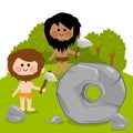 Cavemen and a stone carved wheel. Vector illustration