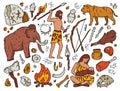 Cavemen and Neanderthals in the Stone Age, vector doodle set Royalty Free Stock Photo