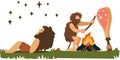 Cavemen nightlife stargazing cooking vector graphics illustration