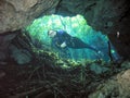 A Cavern Diver Poses in a Cenote Surface Opening